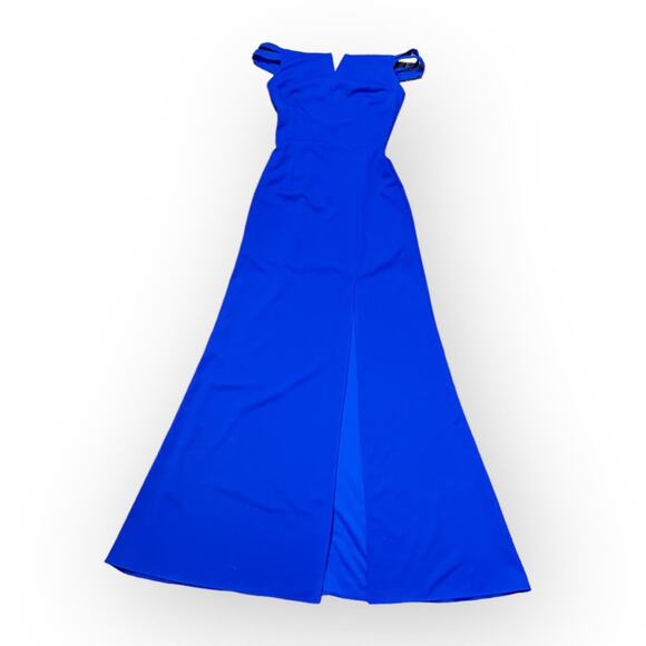 THE FASHION POET Off the Shoulder Gown Women's XS Blue Slit Maxi Short Sleeve - Picture 2 of 5
